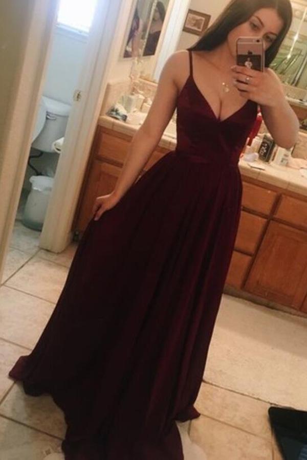 Simple A-line V Neck Spaghetti Straps Floor Length Prom Dresses, MP413