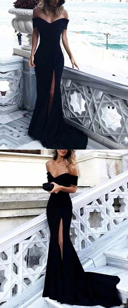 Black Off Shoulder Side Slit Mermaid Prom Dresses Evening Dress, MP384|musebridals.com