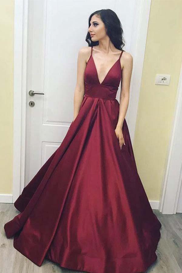 Burgundy Floor Length Simple V Neck Long Prom Dress, Evening Dresses, MP159