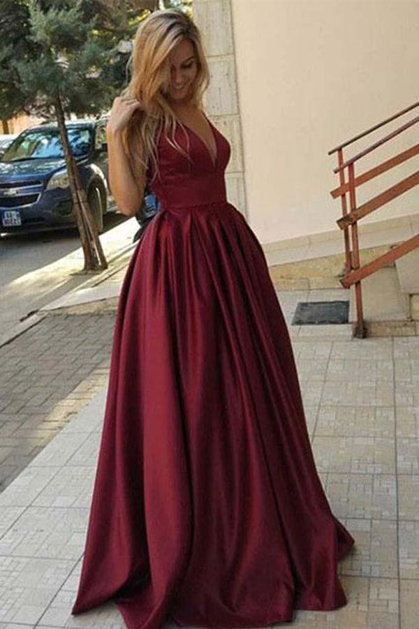 Burgundy Floor Length Simple V Neck Long Prom Dress, Evening Dresses, MP159 at musebridals.com
