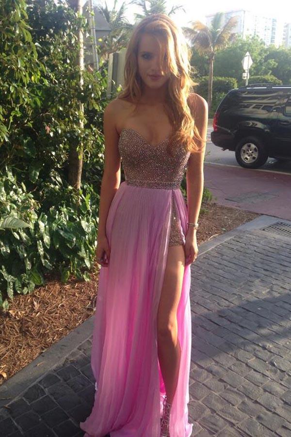 Pink Sweetheart Side Slit Off Shoulder Long Prom Dresses with Beading, MP342