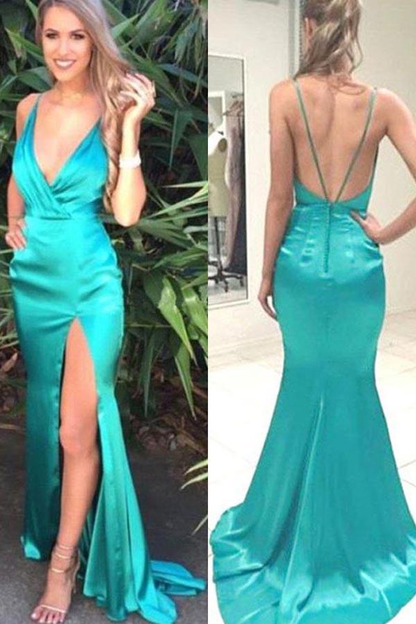 Green Jade Split Deep V-Neck Long Prom Dresses With Sweep Train, MP247 Musebridals Green Jade Split Deep V-Neck Long Prom Dresses With Sweep Train, MP247 Musebridals