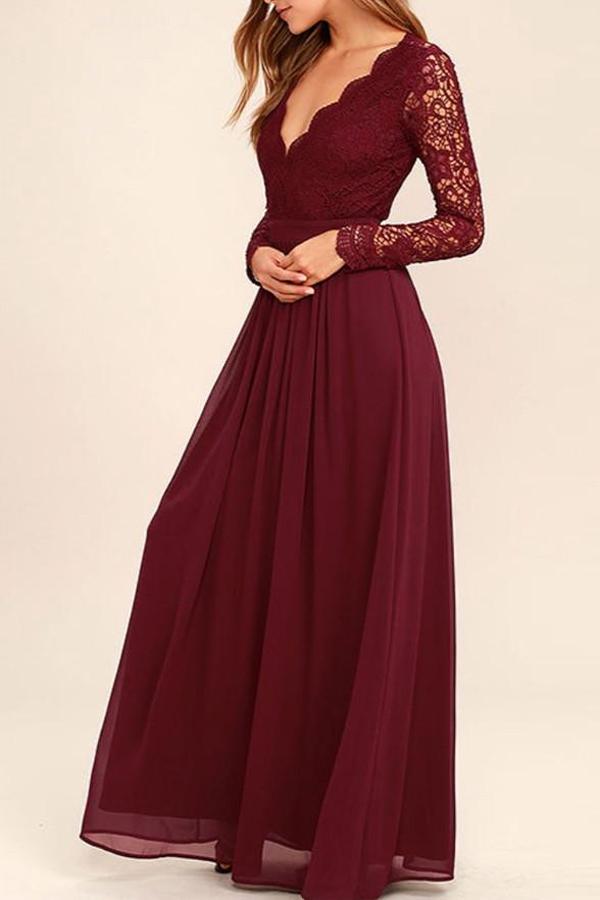Burgundy Fashion V neck Long Sleeves Bridesmaid Dresses, Wedding
