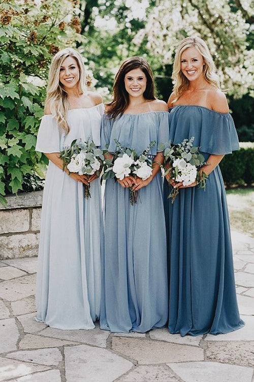 Cheap Long Chiffon Off the Shoulder Slate Mismatched Bridesmaid Dresses, MBD101