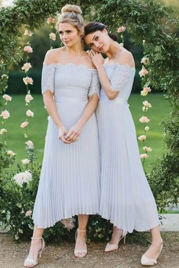 Blue Off The Shoulder Long Sleeves Short Bridesmaid Dresses Online,MBD106