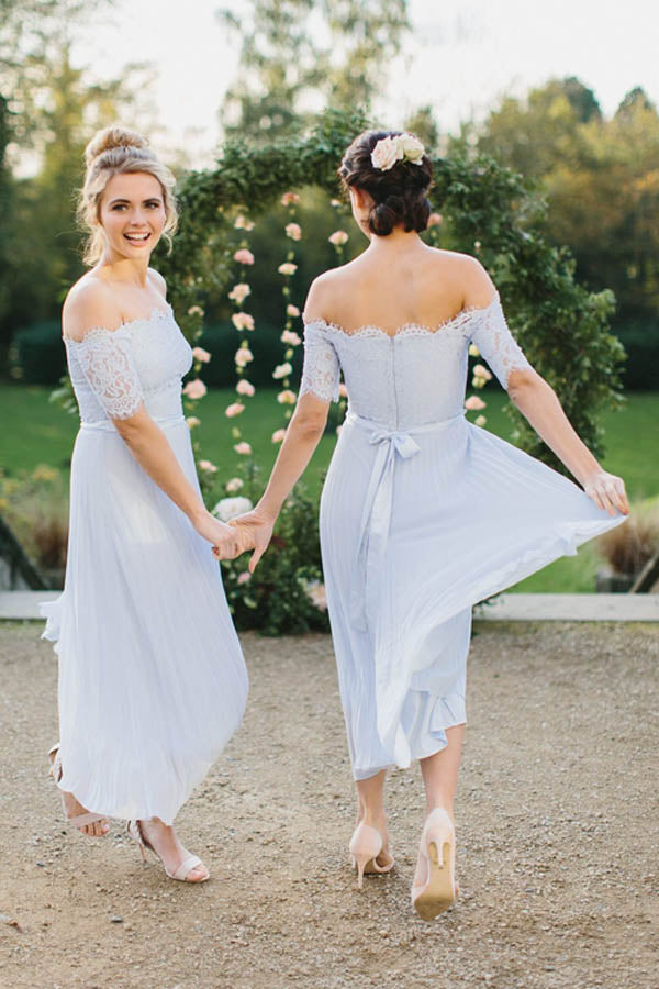 Blue Off The Shoulder Long Sleeves Short Bridesmaid Dresses Online,MBD106 Blue Off The Shoulder Long Sleeves Short Bridesmaid Dresses Online,MBD106