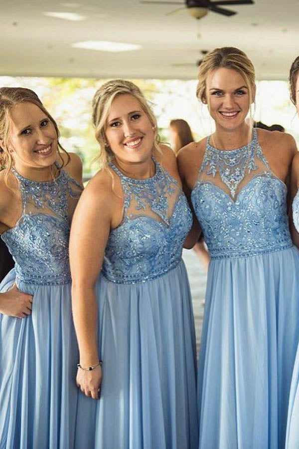 Cheap Blue Chiffon Halter Lace Beaded Long Bridesmaid Dresses Online,MBD108 Cheap Blue Chiffon Halter Lace Beaded Long Bridesmaid Dresses Online,MBD108