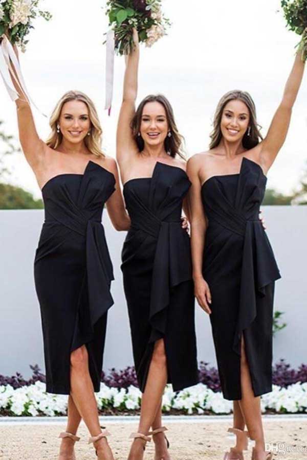 Sheath Bow Strapless Split Black Tea-length Bridesmaid Dresses, Fashion Outfits,MBD127 Sheath Bow Strapless Split Black Tea-length Bridesmaid Dresses, Fashion Outfits,MBD127