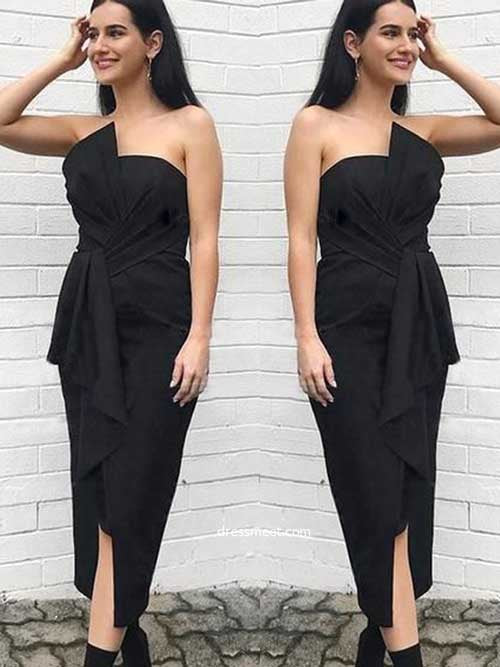 Sheath Bow Strapless Split Black Tea-length Bridesmaid Dresses, Fashion  Outfits,MBD127