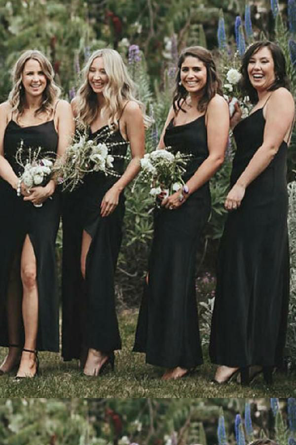Cheap Black Mermaid Side Slit Spaghetti Straps Long Bridesmaid Dresses Online,MBD133