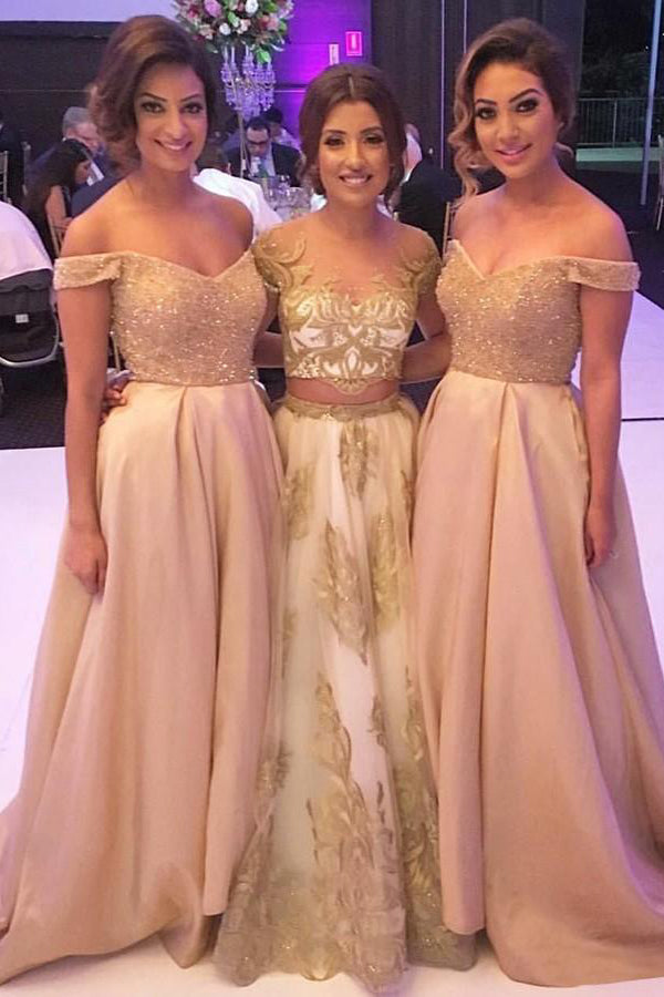 Elegant A -line Off the Shoulder Lace Long Bridesmaid Dresses with Bea   Musebridals