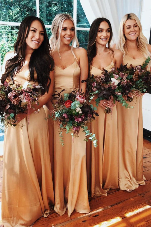 Elegant A-line Sweetheart Spaghetti Straps Gold Satin Long Bridesmaid Dresses,MBD141 Elegant A-line Sweetheart Spaghetti Straps Gold Satin Long Bridesmaid Dresses,MBD141