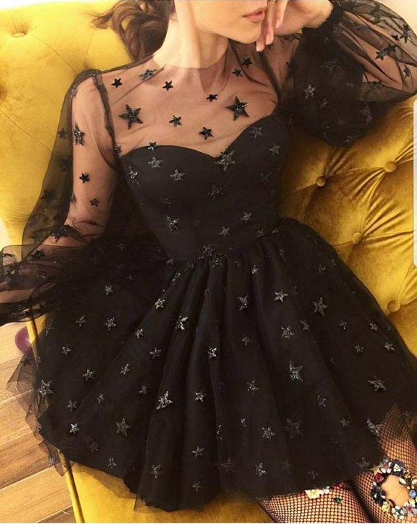 Unique Long Sleeve Short Sheer Neck Stars Mini Homecoming Dress, MH428 Musebridals Unique Long Sleeve Short Sheer Neck Stars Mini Homecoming Dress, MH428 Musebridals