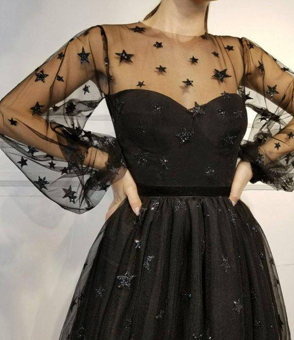 Unique Long Sleeve Short Sheer Neck Stars Mini Homecoming Dress, MH428 Unique Long Sleeve Short Sheer Neck Stars Mini Homecoming Dress, MH428