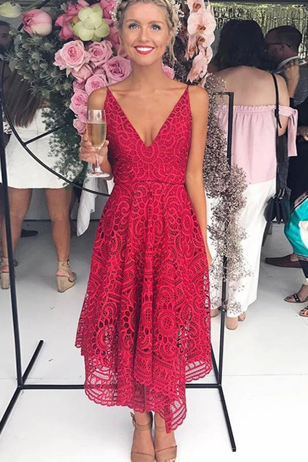 strapless open back dress Simple A-Line Red Deep V-Neck Spaghetti Straps Lace Bridesmaid Dresses,MH441  – Musebridals
