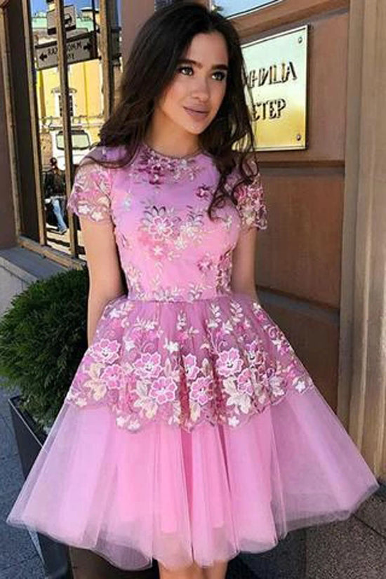 Cute Blue Floral Prints Tulle Short Sleeves A-Line Homecoming