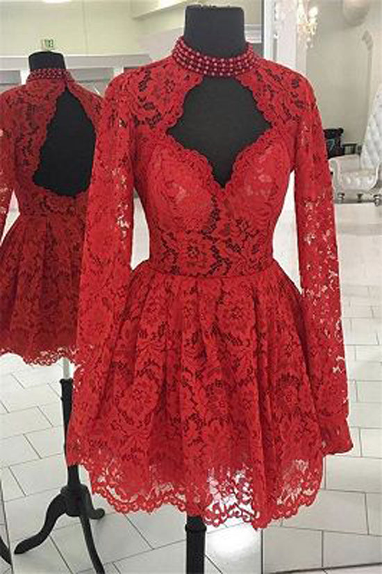 Cheap Lace Red Chic Long-Sleeves A-Line Homecoming Dresses,MH444 – Musebridals Cheap Lace Red Chic Long-Sleeves A-Line Homecoming Dresses,MH444 – Musebridals