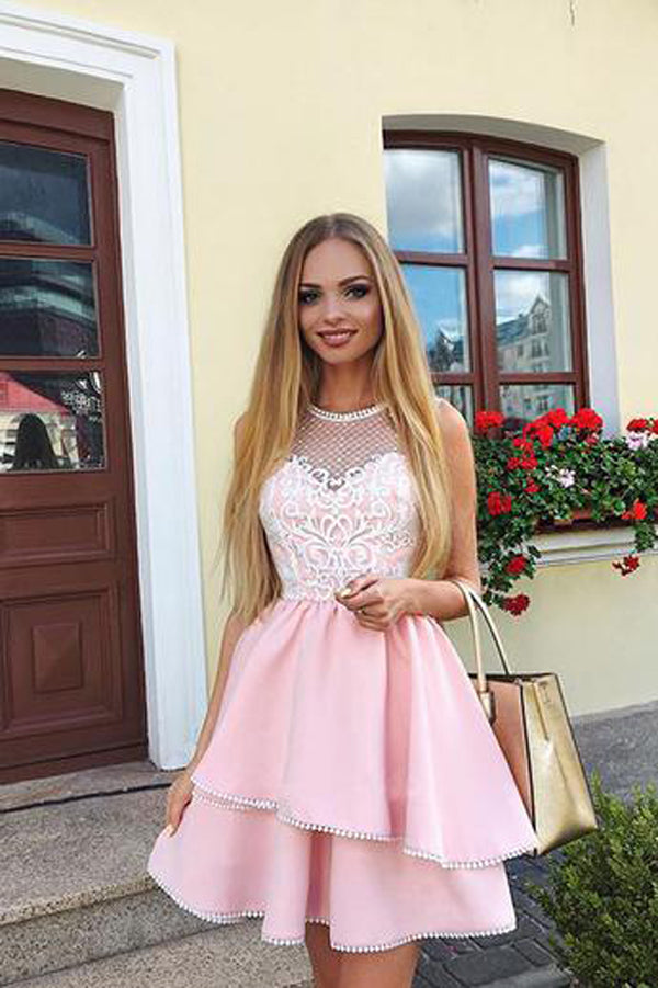 Lace Pink Beads Ruffled Homecoming Dresses Short Formal Gown, MH445 Lace Pink Beads Ruffled Homecoming Dresses Short Formal Gown, MH445