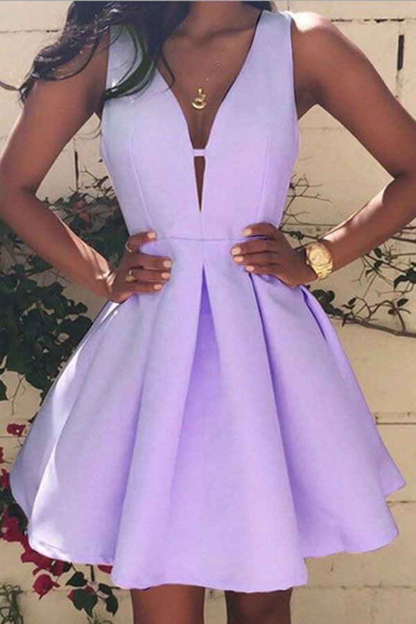 Simple Light Purple A-line V-neck Satin Homecoming Dresses for Girls, MH447 Simple Light Purple A-line V-neck Satin Homecoming Dresses for Girls, MH447