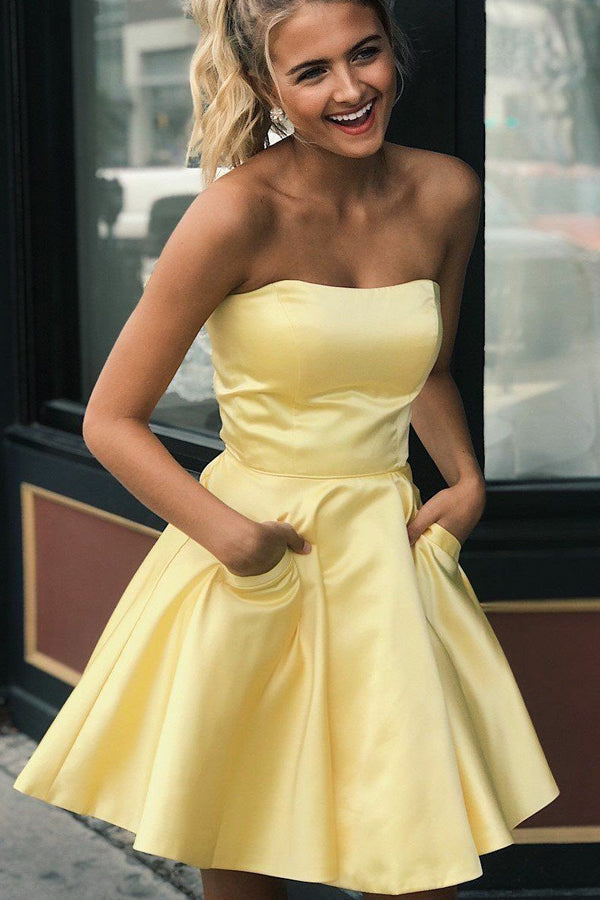 Satin Light Yellow Homecoming Gown with Pockets for Girls, MH448