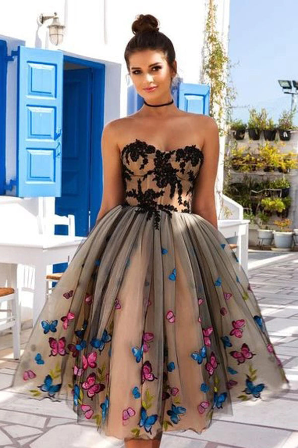 Sweetheart Short Prom Dress With Butterfly Lace Knee Length Homecoming Dress, MH451 Sweetheart Short Prom Dress With Butterfly Lace Knee Length Homecoming Dress, MH451