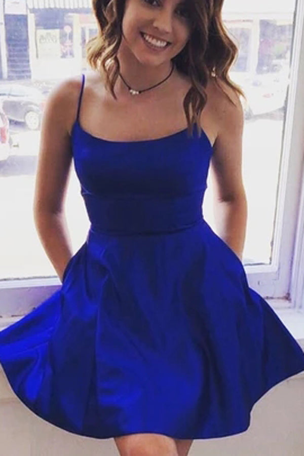 Simple Satin Royal Blue Short Prom Dresses, Homecoming Dress With Pockets, MH453 Simple Satin Royal Blue Short Prom Dresses, Homecoming Dress With Pockets, MH453