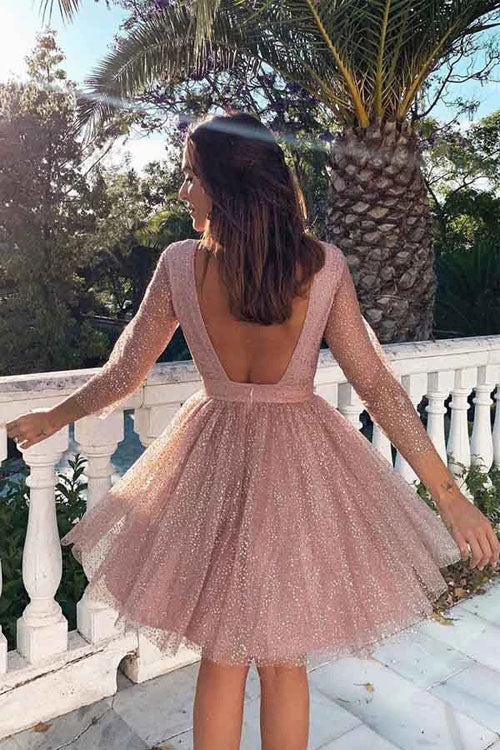 3/4 Sleeves Short Prom Dress Pink Homecoming Dress with Open Back,MH464 3/4 Sleeves Short Prom Dress Pink Homecoming Dress with Open Back,MH464