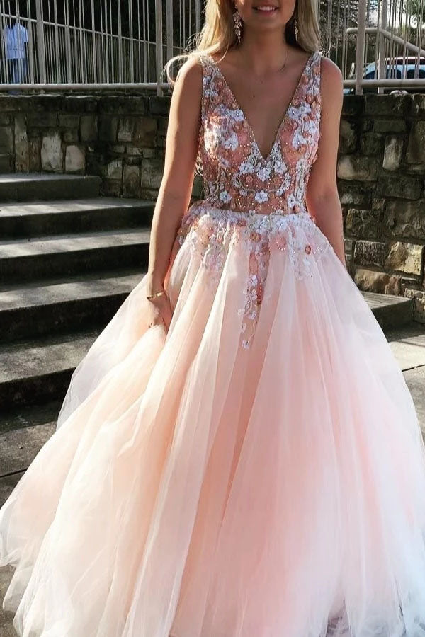 Charming Pearl Pink Tulle A-line V-neck Party Dresses Graduation Gown, MP468 Charming Pearl Pink Tulle A-line V-neck Party Dresses Graduation Gown, MP468