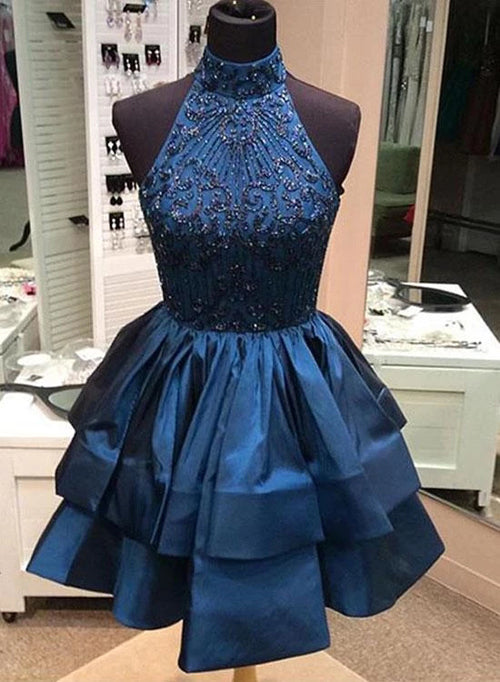 Chic High Neck Rhinstone Short Prom Dress Satin Homecoming Dress ,MH473 Chic High Neck Rhinstone Short Prom Dress Satin Homecoming Dress ,MH473