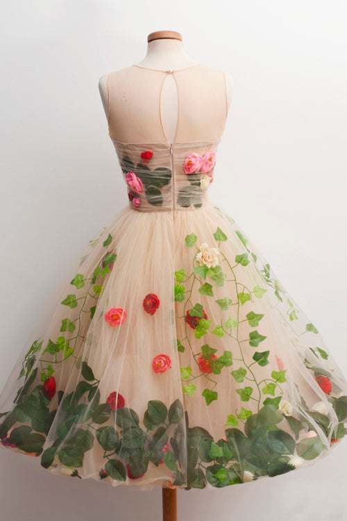 A-Line Scoop Knee-Length Homecoming Dress with Red Flowers,MH476 A-Line Scoop Knee-Length Homecoming Dress with Red Flowers,MH476
