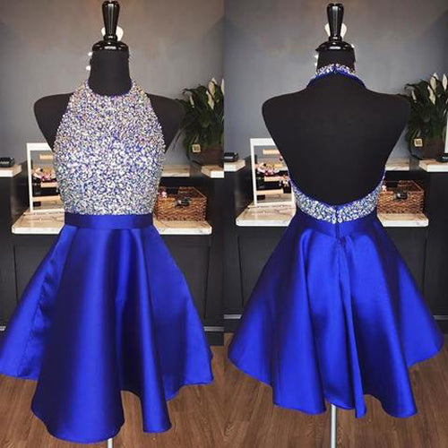 Royal Blue Satin Backless Jewel Halter Sequins Crystal Homecoming Dresses,MH477 Royal Blue Satin Backless Jewel Halter Sequins Crystal Homecoming Dresses,MH477