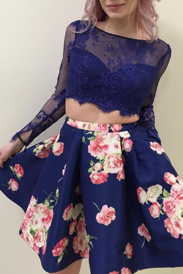A-Line Two Piece Scoop Long Sleeves Floral Lace Homecoming Dresses with Pockets,MH482 A-Line Two Piece Scoop Long Sleeves Floral Lace Homecoming Dresses with Pockets,MH482