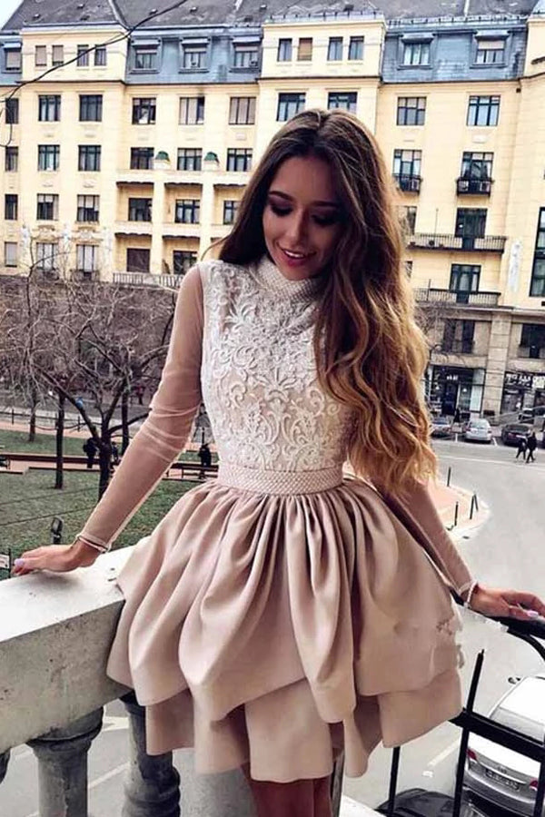 A-Line High Neck Long Sleeve Open Back Satin Homecoming Dresses with Lace,MH491 A-Line High Neck Long Sleeve Open Back Satin Homecoming Dresses with Lace,MH491