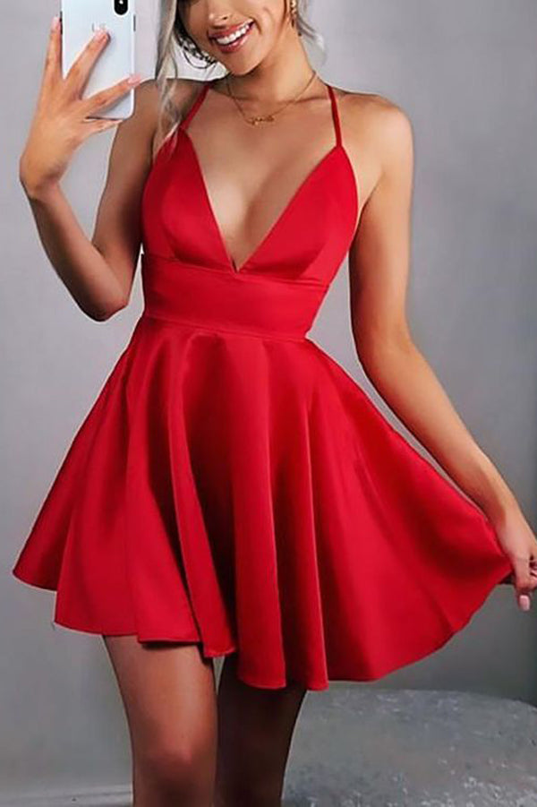 Deep V-neck Satin Backless Red Pleated Slip Party homecoming dresses,MH502  – Musebridals