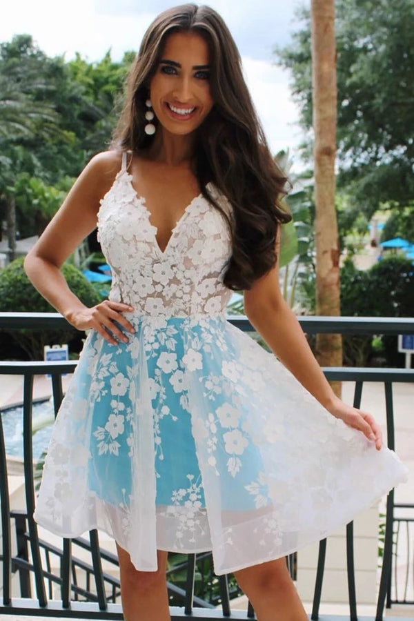 Spaghetti Straps Blue Applique Short Prom Dresses Homecoming Dresses,MH511