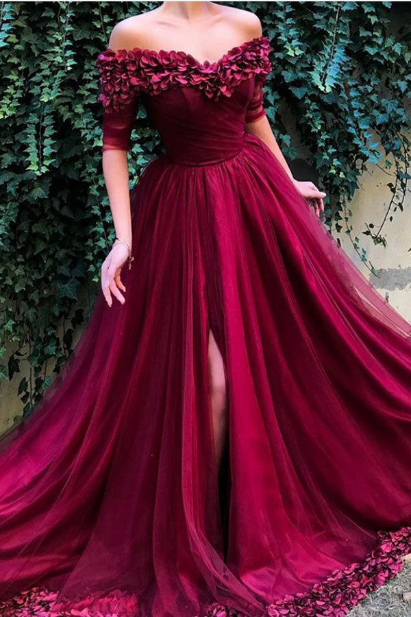 Burgundy Off the Shoulder Half-Sleeve A-line Tulle Long Pom Dresses Musebridals Burgundy Off the Shoulder Half-Sleeve A-line Tulle Long Pom Dresses Musebridals