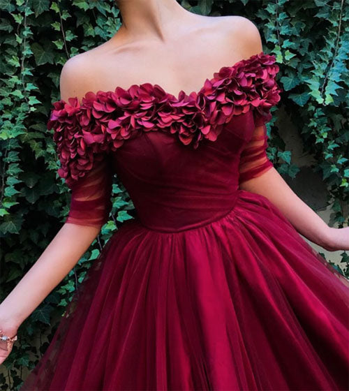 Burgundy Off the Shoulder Half-Sleeve A-line Tulle Long Pom Dresses, MP429
