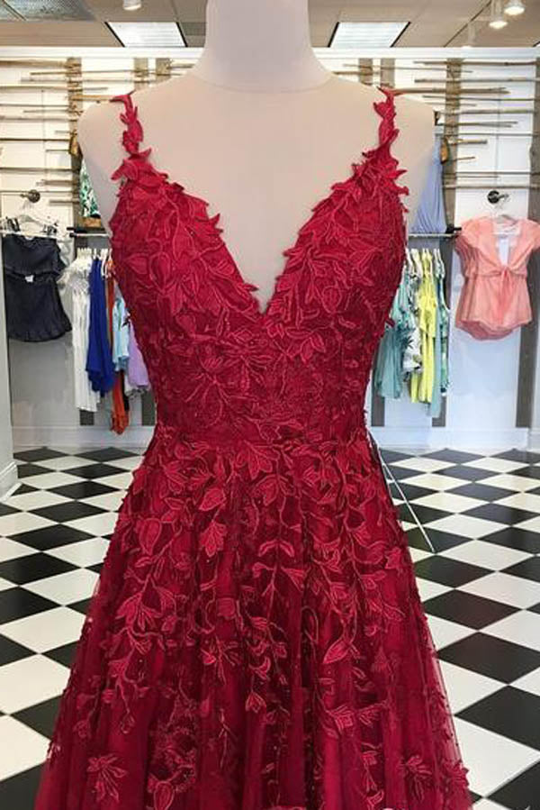 V-neck Sky Blue Lace Prom Dresses Long Rose Red Formal Maxi Dress , MP430