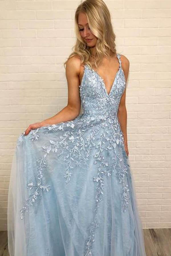 V-neck Sky Blue Lace Prom Dresses Long Rose Red Formal Maxi Dress , MP430 at musebridals.com