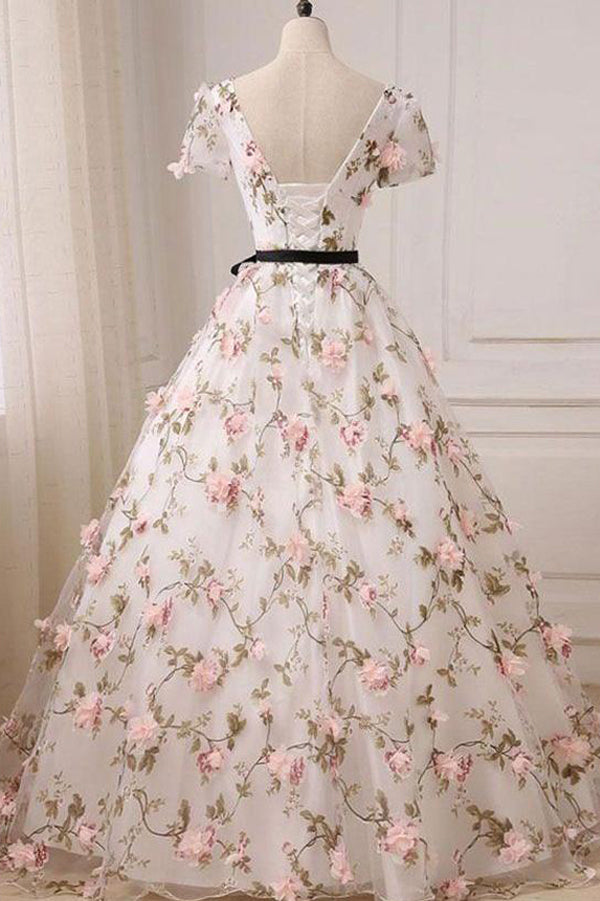 V-neck Floor-length Floral Long Lace Ball Gown Prom Dress,MP433 at musebridals.com