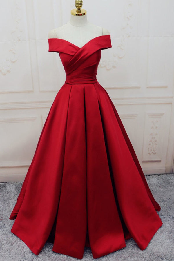 Off-the-shoulder Burgundy Long Satin Prom Dress/Evening Dress,MP437 at musebridals.com