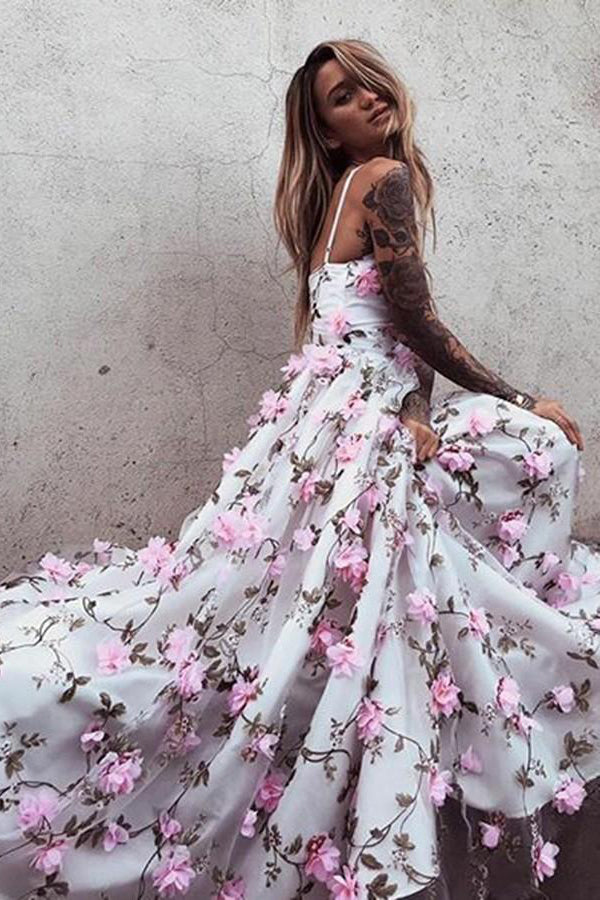 Floral Lace Beautiful Spaghetti Straps Long Prom Dress Evening Dress,MP438|musebridals.com