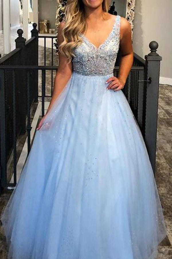Beaded Ball Dresses Sky Blue V-neck Junior Prom Dress,MP439|musebridals.com