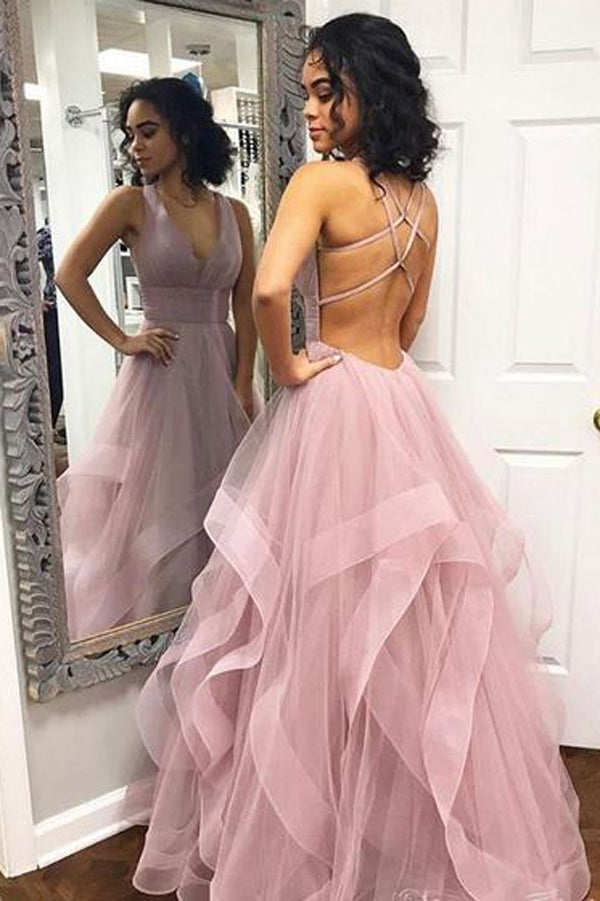 V-neck Simple Dusty Rose Long Prom Dresses with Straps and Ruffle Skirt,MP440 V-neck Simple Dusty Rose Long Prom Dresses with Straps and Ruffle Skirt,MP440