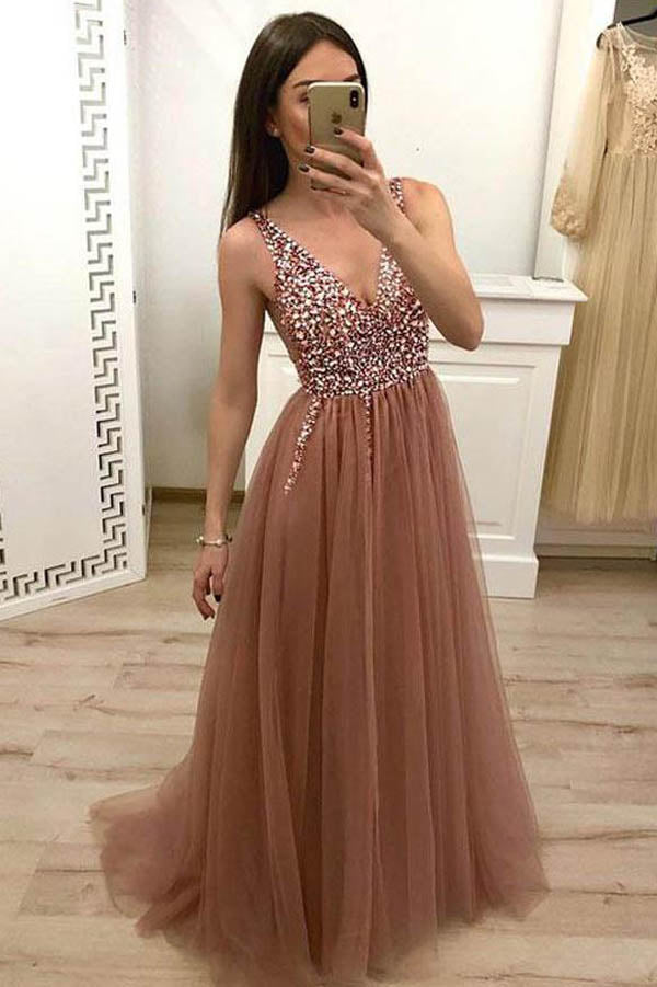 Tulle Beaded Dusty Rose Prom Dress With Lace Up Evening Dress,MP444 Tulle Beaded Dusty Rose Prom Dress With Lace Up Evening Dress,MP444