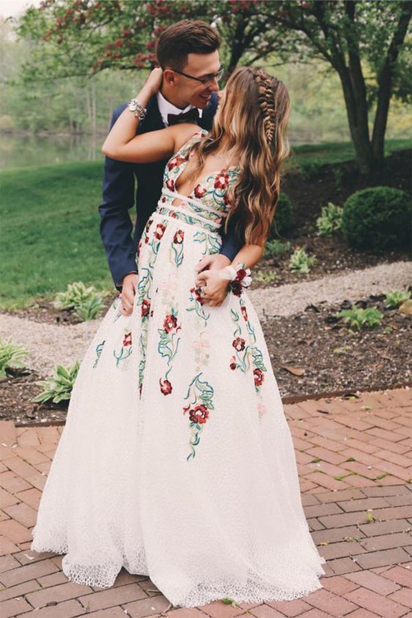 ivory prom dresses cheap Ivory Lace A-Line V-Neck Prom Dresses With Embroidery Printed Evening  Dresse,MP445