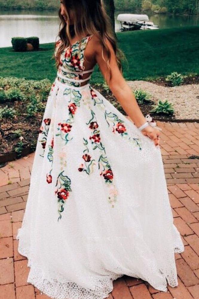 Ivory Lace A-Line V-Neck Prom Dresses With Embroidery Printed Evening Dresse,MP445