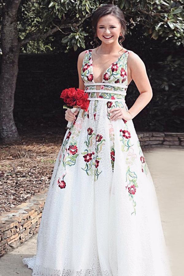 Ivory Lace A-Line V-Neck Prom Dresses With Embroidery Printed Evening Dresse,MP445