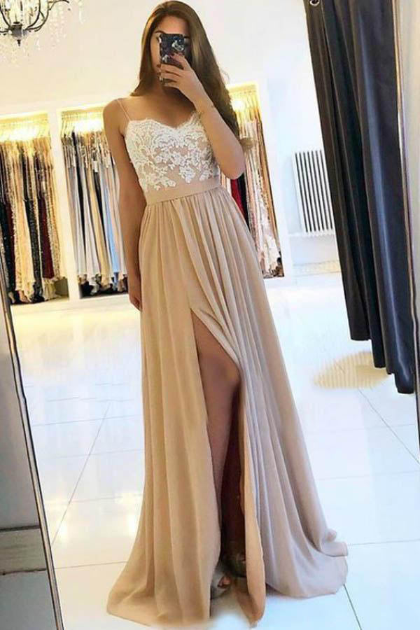 Musebridals.com offer Cheap Spaghetti Straps Chiffon Appliques Prom Dress With Side Split,MP451