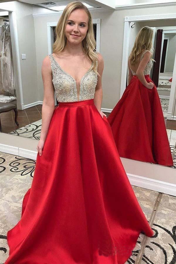 Formal Deep V-Neck Red Satin Prom Dresses With Pocket,MP452 – Musebridals